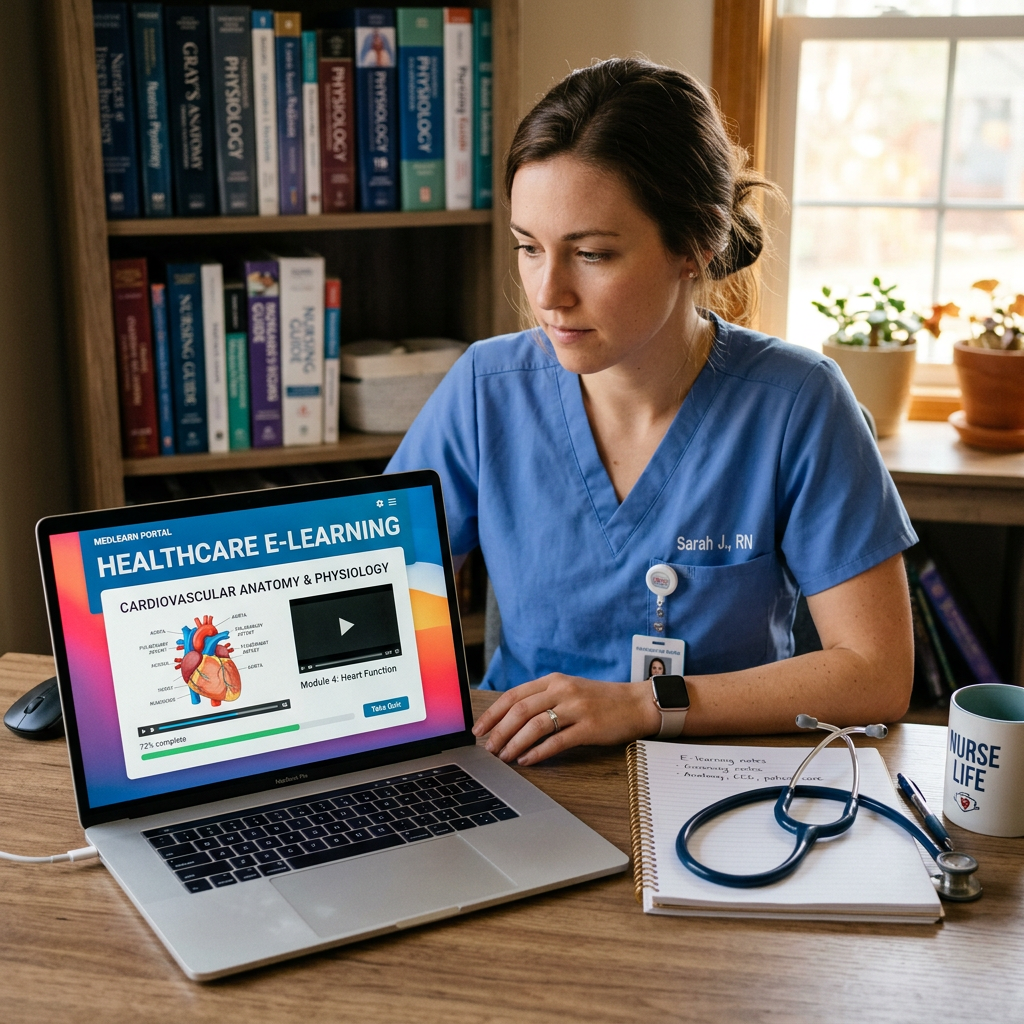 Nurse in blue scrubs studying cardiovascular anatomy and physiology on laptop